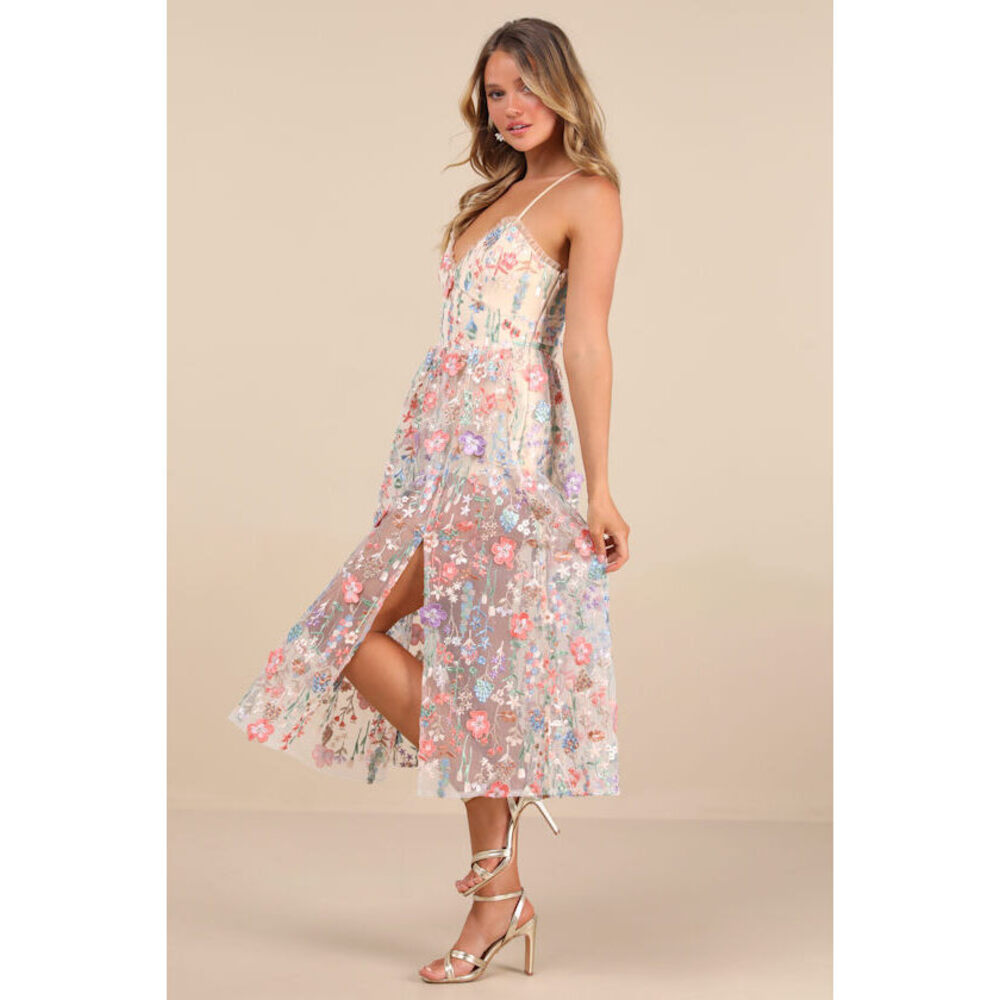 Lulus Mahryn Beige 3d Floral Embroidered Midi Bodysuit Dress - Size M - Picture 1 of 1